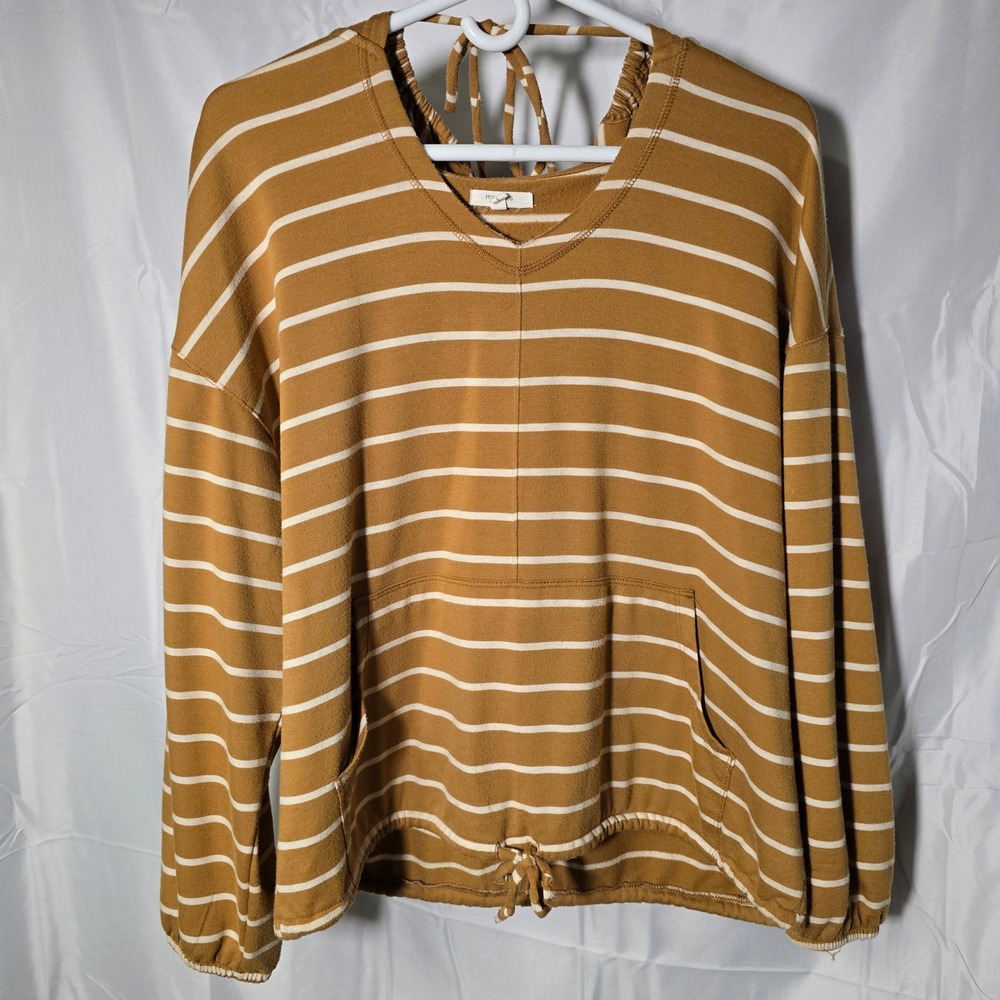 Maurices Womens Large Mustard‎ Yellow White Striped V-Neck Hoodie Drawstring Hem